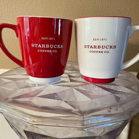 Starbucks Abbey Coffee Cups Set Red and White 2008 16 Ounce - Picture 2 of 10